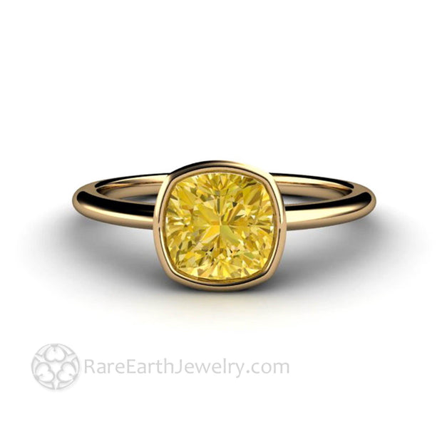 Yellow Moissanite Engagement Ring Cushion Cut Bezel Set Moissanite Solitaire 14K Yellow Gold - Rare Earth Jewelry