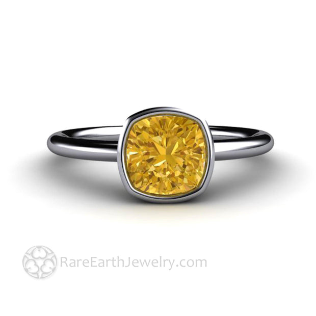 Yellow Moissanite Engagement Ring Cushion Cut Bezel Set Moissanite Solitaire 14K White Gold - Rare Earth Jewelry