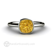 Yellow Moissanite Engagement Ring Cushion Cut Bezel Set Moissanite Solitaire Platinum - Rare Earth Jewelry