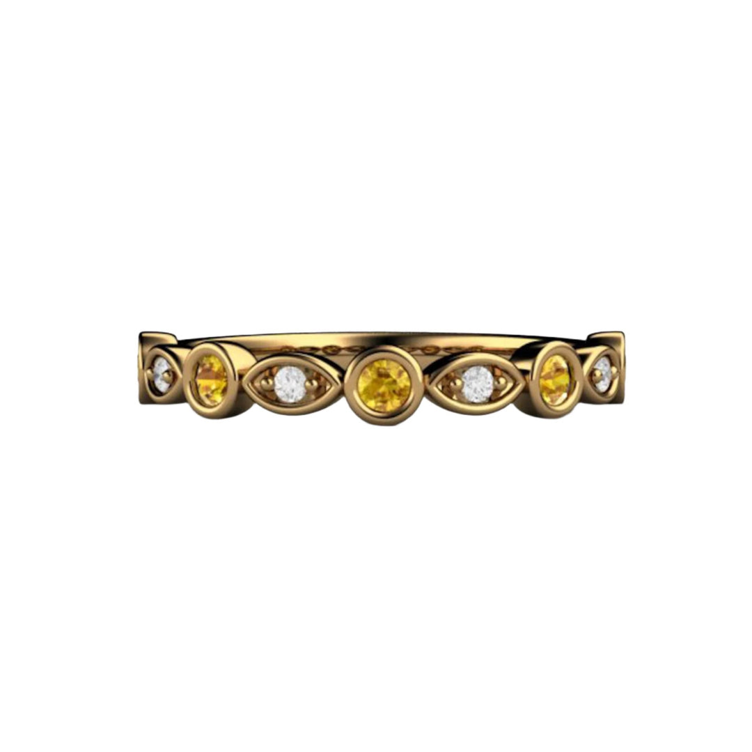 18K Gold Yellow Sapphire and Diamond Ring, Natural Sapphire Stackable Band, Round Bezel Set Band from Rare Earth Jewelry