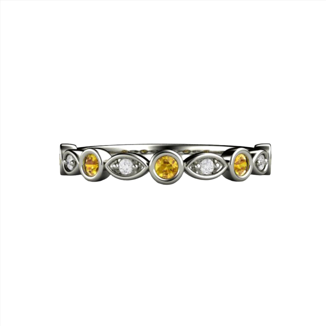 Yellow Sapphire and diamond band with scalloped design, round bezel set natural yellow sapphires and marquise framed diamonds.  Unique wedding ring, stacking ring or anniversary band. Rare Earth Jewelry