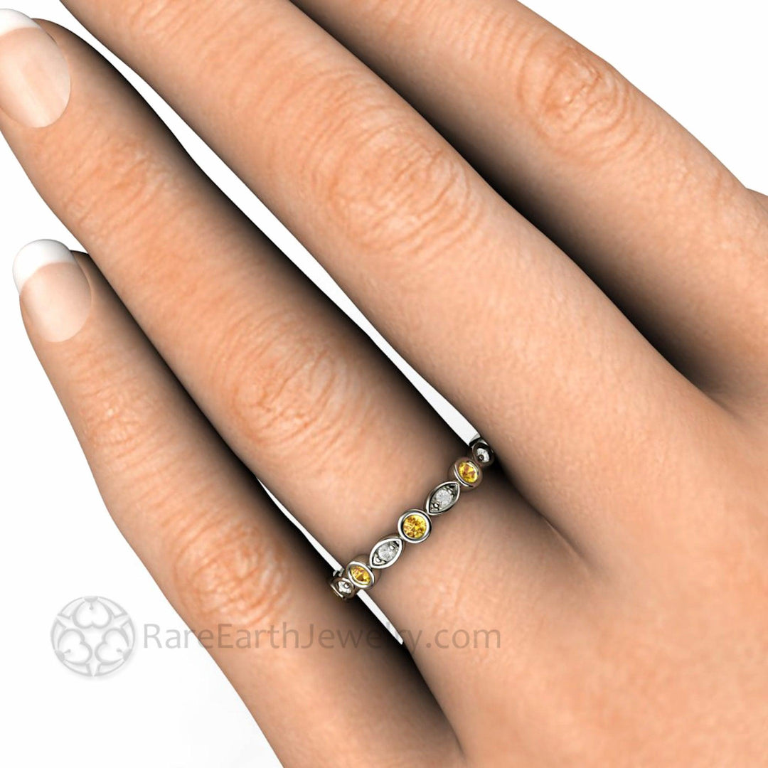 Yellow Sapphire and Diamond Band with Scalloped Design, Unique Yellow Gemstone Wedding Ring,  Stacking Ring Anniversary Band Shown on the Hand. | Rare Earth Jewelry