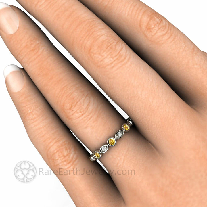 Yellow Sapphire and Diamond Band with Scalloped Design, Unique Yellow Gemstone Wedding Ring,  Stacking Ring Anniversary Band Shown on the Hand. | Rare Earth Jewelry