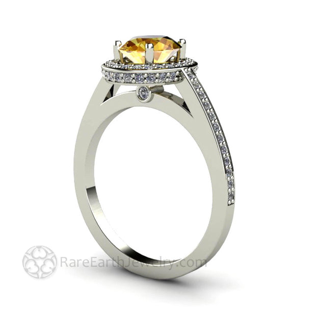Yellow Sapphire Engagement Ring Oval Diamond Halo 14K White Gold - Engagement Only - Rare Earth Jewelry