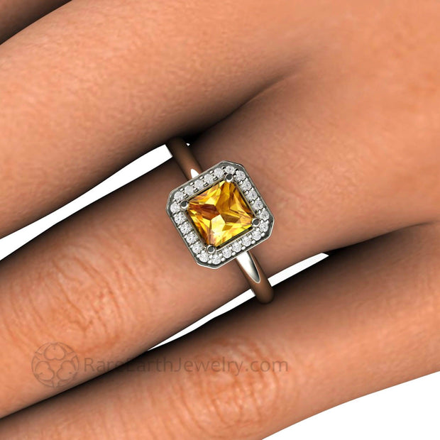 Yellow Sapphire Engagement Ring Princess Cut with Diamond Halo 14K White Gold - Rare Earth Jewelry