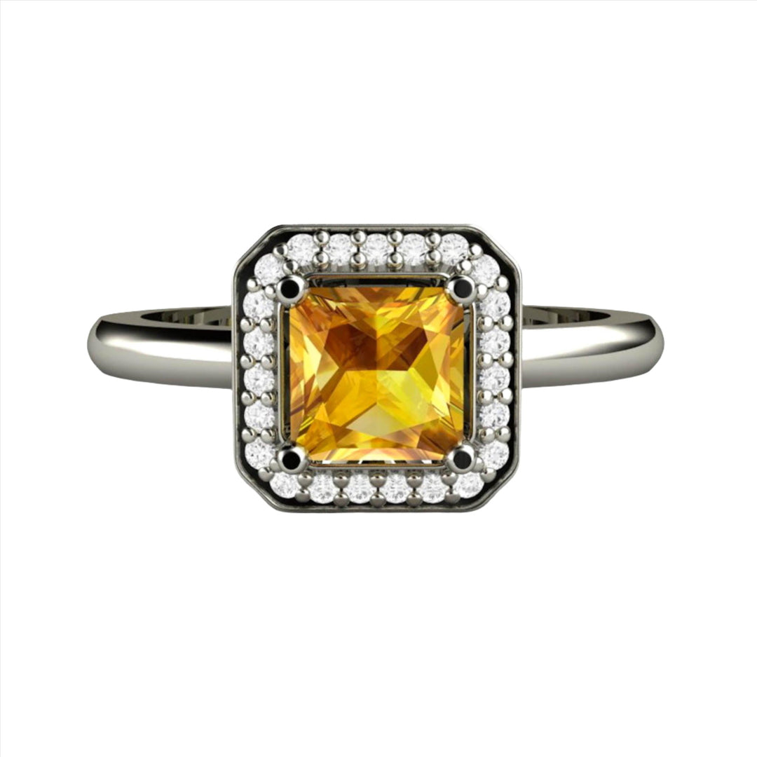 A princess cut Yellow Sapphire engagement ring in a square diamond halo setting with a classic plain band, available in gold or platinum from Rare Earth Jewelry.