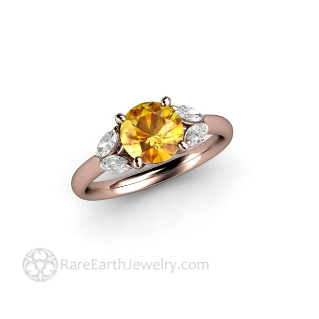 Yellow Sapphire Engagement Ring with Marquise Diamonds 14K Rose Gold - Rare Earth Jewelry