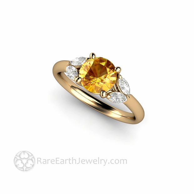 Yellow Sapphire Engagement Ring with Marquise Diamonds 14K Yellow Gold - Rare Earth Jewelry