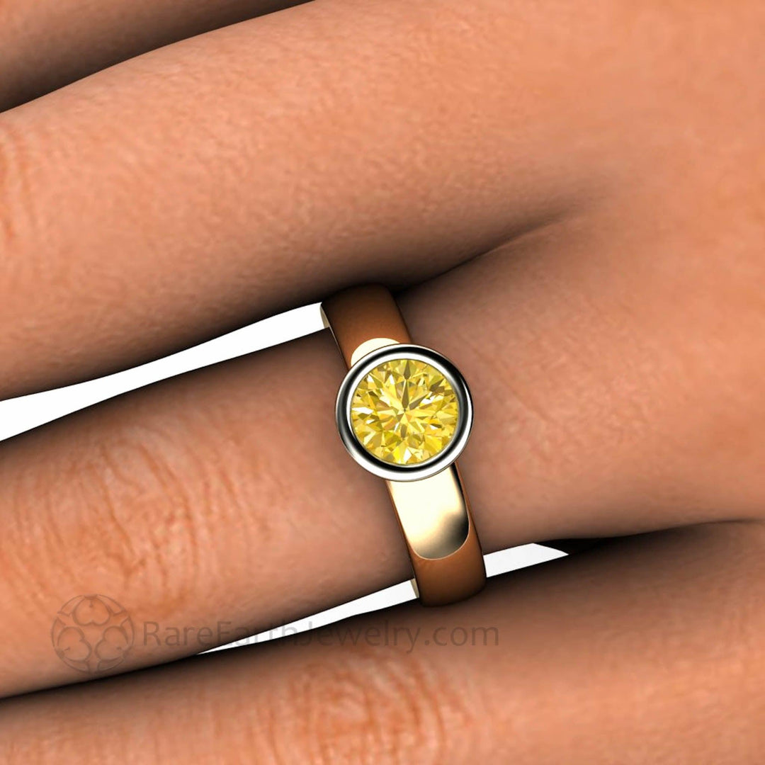 Lemon Yellow Natural Sapphire Ring Bezel Set Solitaire with Diamonds - Rare Earth Jewelry