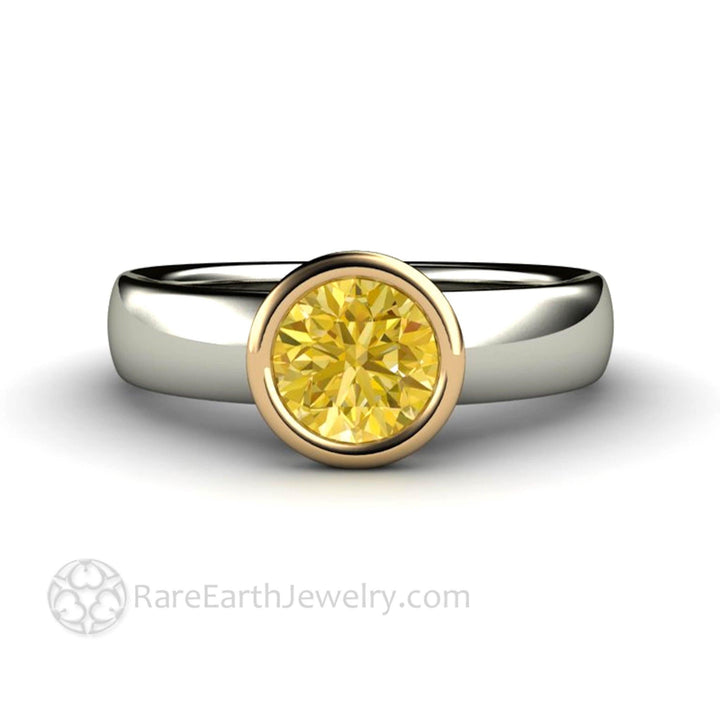 Lemon Yellow Natural Sapphire Ring Bezel Set Solitaire with Diamonds - Rare Earth Jewelry