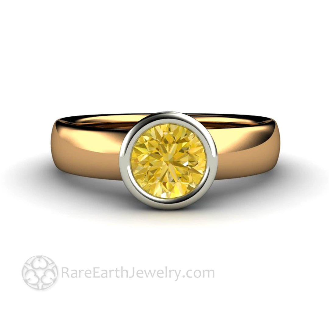 Lemon Yellow Natural Sapphire Ring Bezel Set Solitaire with Diamonds - Rare Earth Jewelry