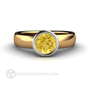 Yellow Sapphire Ring Bezel Set Solitaire Engagement with Diamonds 18K Yellow Band/White Top - Rare Earth Jewelry