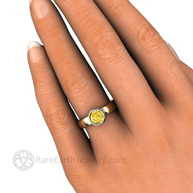 Yellow Sapphire Ring Bezel Set Solitaire Engagement with Diamonds 14K Yellow Band/White Top - Rare Earth Jewelry