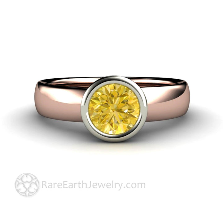 Lemon Yellow Natural Sapphire Ring Bezel Set Solitaire with Diamonds - Rare Earth Jewelry