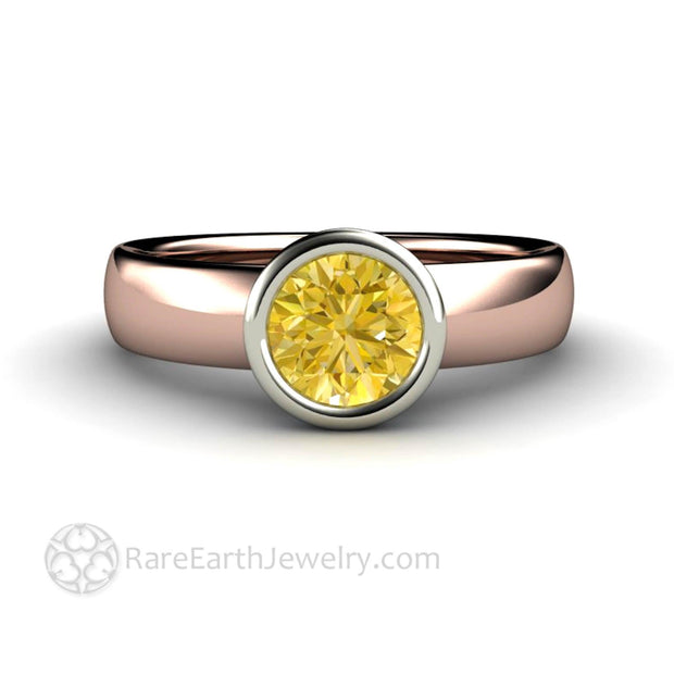 Yellow Sapphire Ring Bezel Set Solitaire Engagement with Diamonds 14K Rose Band/White Top - Rare Earth Jewelry