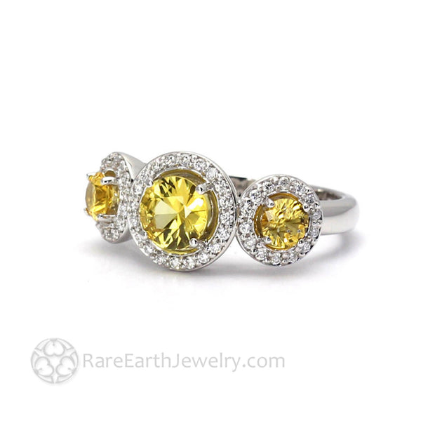 Yellow Sapphire Ring Engagement 3 Stone Diamond Halo 14K White Gold - Rare Earth Jewelry
