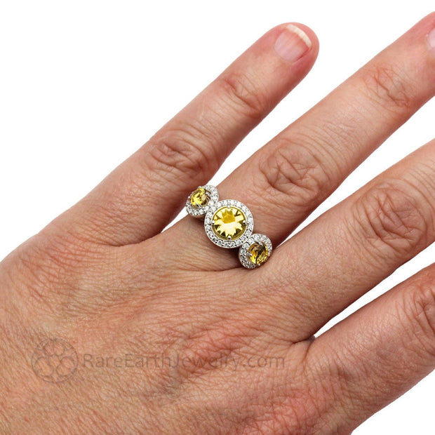 Yellow Sapphire Ring Engagement 3 Stone Diamond Halo 14K White Gold - Rare Earth Jewelry