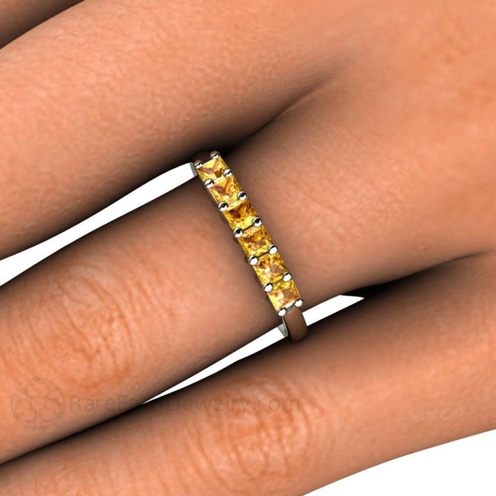 Yellow Sapphire Ring, Princess Cut  Sapphire Anniversary Band or Stacking Ring shown on the Hand | Rare Earth Jewelry