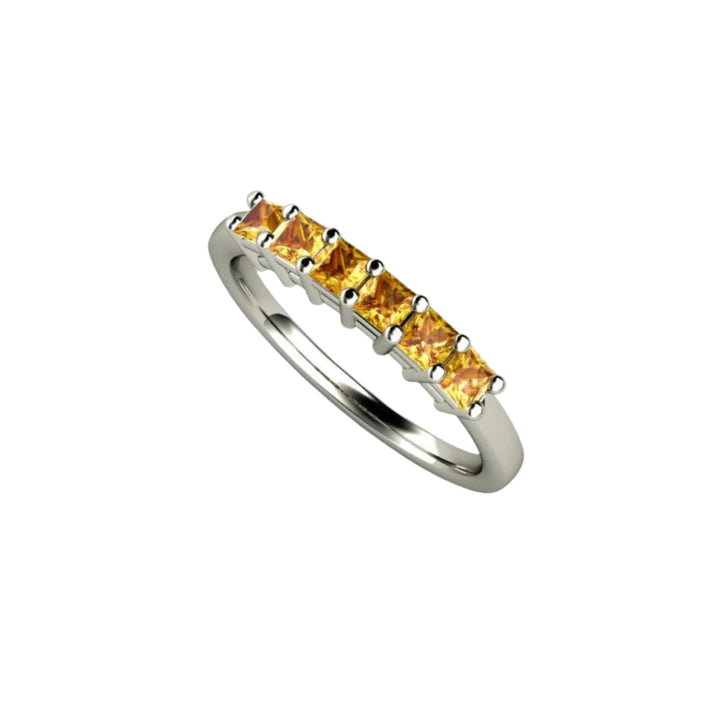 Yellow Sapphire Ring, 6 Stone Anniversary Band or Princess Cut Yellow Gemstone Stackable Ring | Rare Earth Jewelry