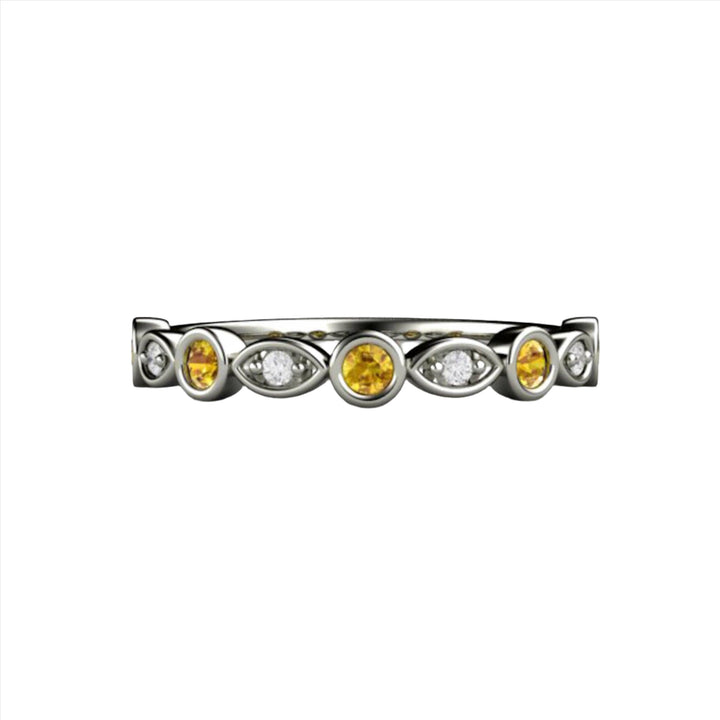 Yellow Sapphire and Diamond Band with bezel set natural yellow sapphires and diamond accents, unique wedding ring or anniversary band in gold or platinum from Rare Earth Jewelry.
